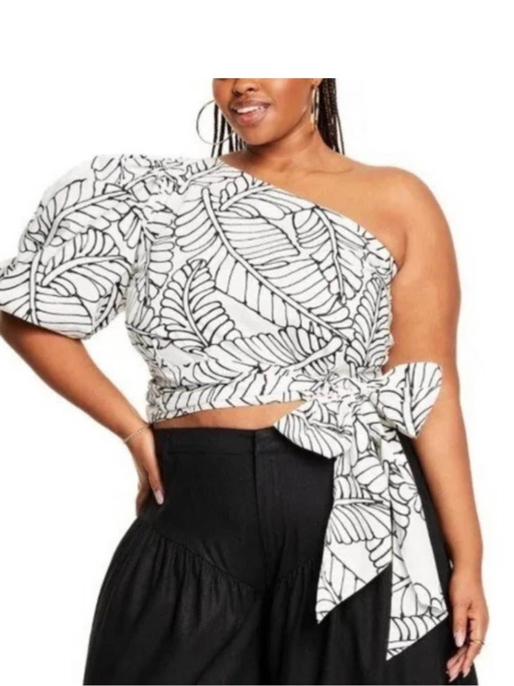 Plus Size 22 One Shoulder Balloon Sleeve Tropical Leaf Crop Top Black White
